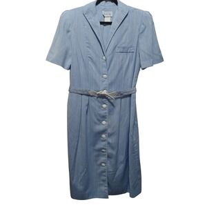 Leslie Fay Vintage Size 16 Shirt Dress Button Front Belted Career Casual Blue